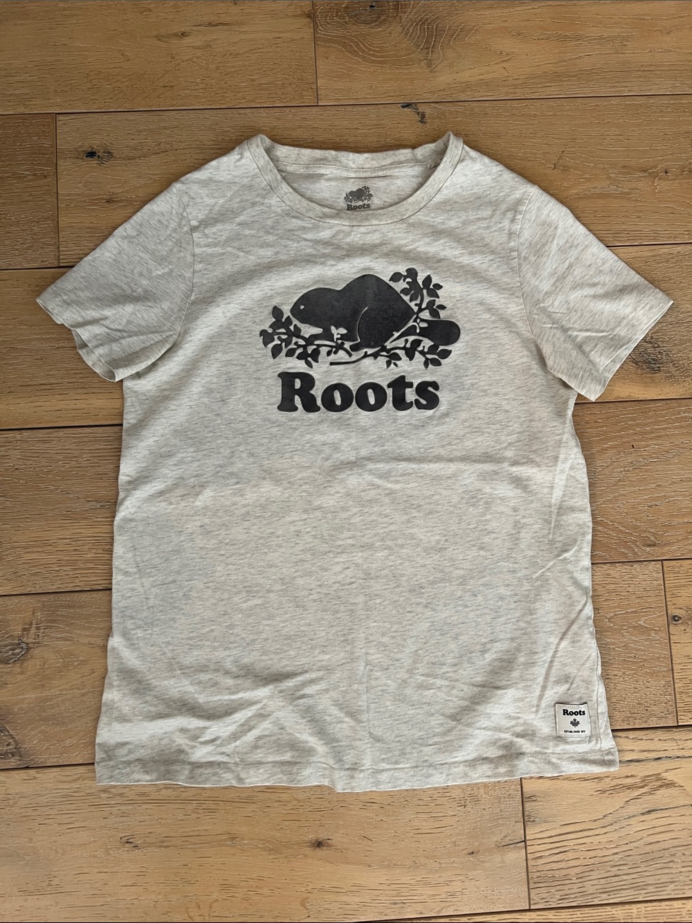Roots Light Heather Grey Tee with Dark Grey Velvet Logo